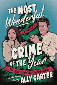 Illustrated cover in the style of a 1940s/1950s movie, a blue/green background and a good looking white couple in winter clothing on either side of a green Christmas pine/fir tree. He is looking at her and she is pretending not to look at him.