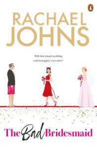 Illustrated cover on a white background with gold author name in large font at the top and pink titles with the word "bad" in italics and in black at the bottom. In the middle and lower third is an illustration of an older white groom in a tux on the top and boardshorts and thongs on the bottom waiting for a bride who is also older and is wearing a pink ballgown, walking toward him on a red carpet with confetti. In between the couple walks a young white woman with short black hair in a knee length red dress and wearing devil horns and a devil tail.