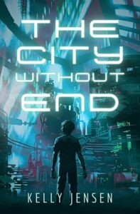 Kind of anime-looking SFF cover in blues with some green and purple, showing a city which has diffuse light and looks a little bit like the inside of a computer. A young man (I think) stands with his back to our view, looking at the vastness of the city in front of him. 