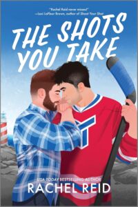 Illustrated cover of two good looking white men in an embrace on a beach with dark sand. A safety beacon/lighthouse of some kind striped in red and white is in the far left background. One man has dark red hair and a beard and is wearing a blue plaid shirt, the other man is wearing a red and blue hockey jersey and is holding a hockey stick. Only their torsos above the waist are showing.